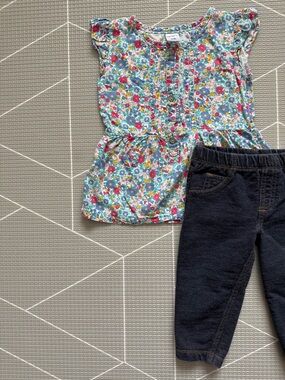 Carter's|Baby girl outfit,Floral Ruffle-Sleeve Top & Navy Knit denim pants•BOHO